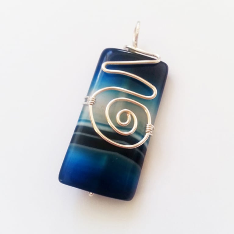 Blue Agate Wirework Pendant Necklace - One of a Kind Gemstone