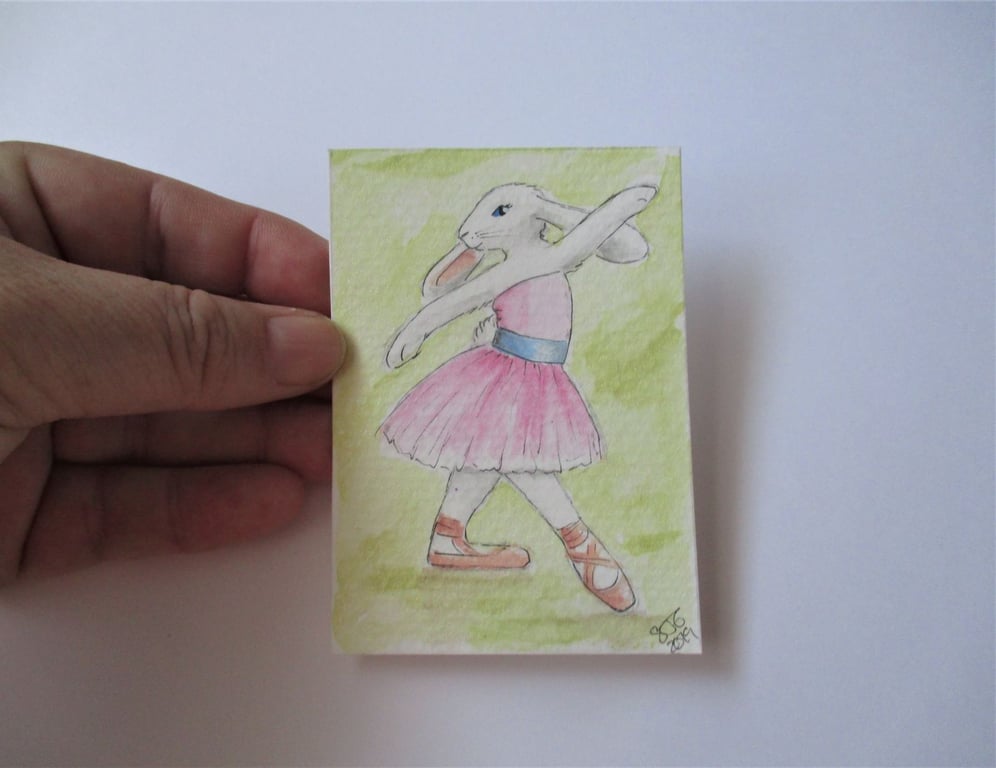 ACEO Bunny Rabbit Ballerina Ballet Dancing Bunny Rabbit Original Painting 006
