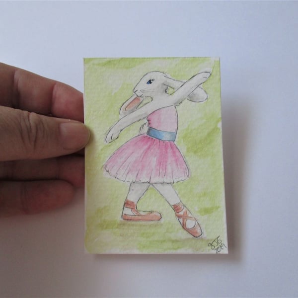 ACEO Bunny Rabbit Ballerina Ballet Dancing Bunny Rabbit Original Painting 006