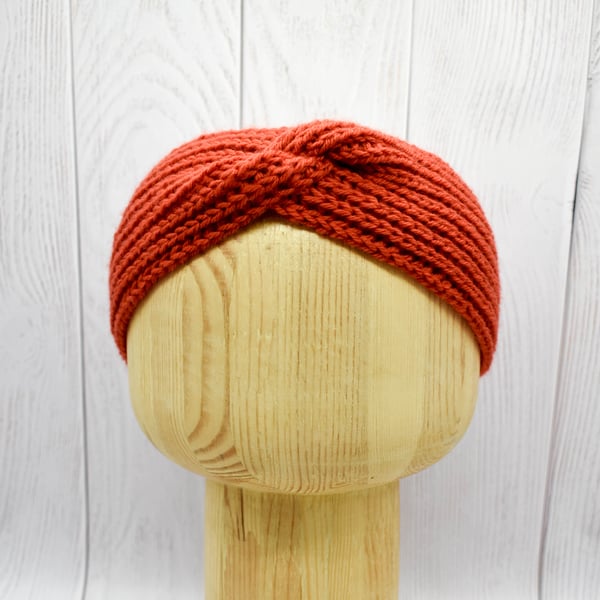 Hand Knitted headband ear warmers in burnt orange wool adult M