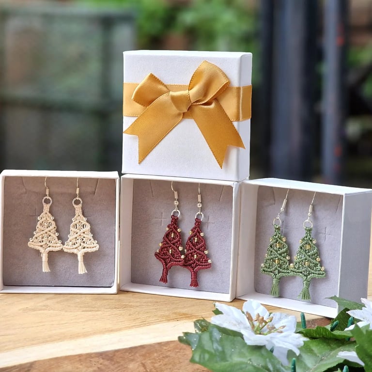 Micro Macrame Christmas Tree Earrings, Christmas jewellery  