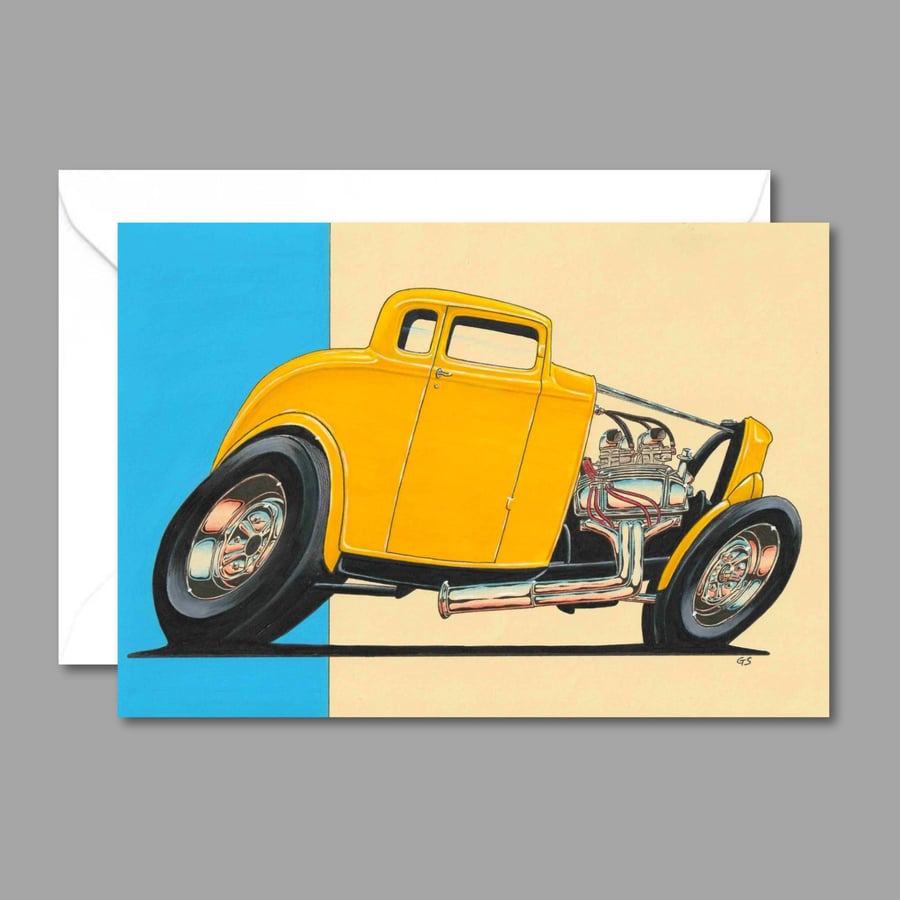 Yellow Hot Rod Greetings Card: Birthday Card For Custom Car Lover - Card For Him