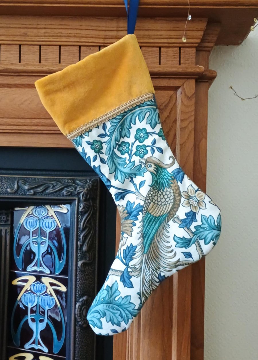 Luxury Christmas Stocking - Teal Bird of Paradise - upcycled and vintage fabrics