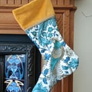 Luxury Christmas Stocking - Teal Bird of Paradise - upcycled and vintage fabrics