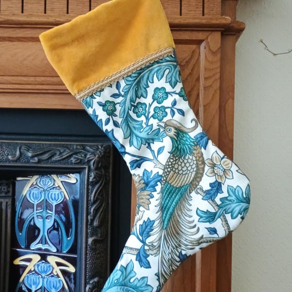 Luxury Christmas Stocking - Teal Bird of Paradise - upcycled and vintage fabrics