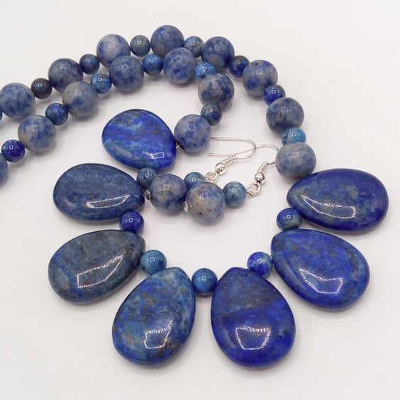 Necklace and Earrings with Round and Teardrop Lapis Lazuli Beads, Gift for Her