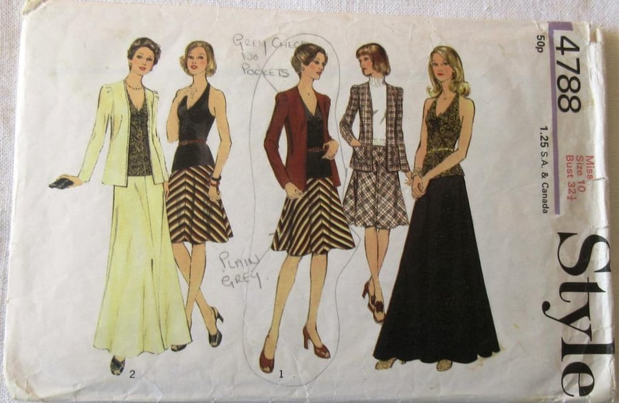 A sewing pattern for a misses' skirt in 2 lengths, cardigan and top in size 10