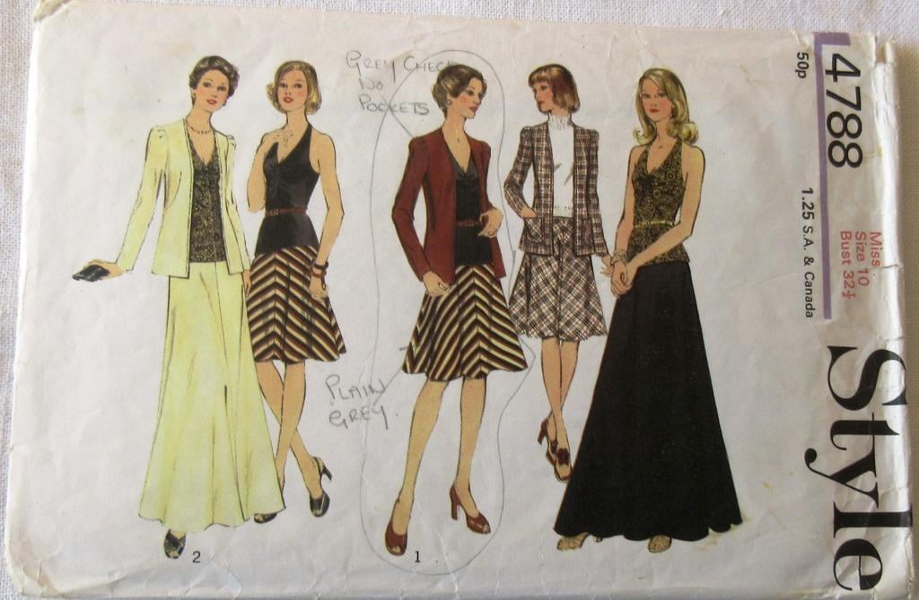 A sewing pattern for a misses' skirt in 2 lengths, cardigan and top in size 10