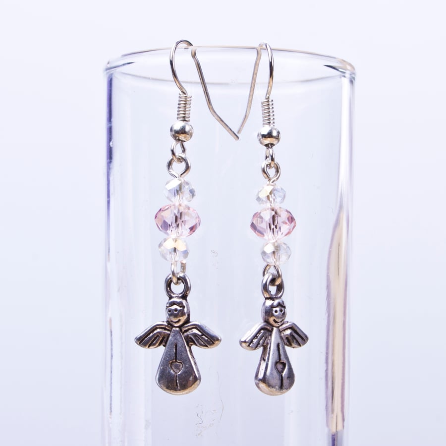 Angel earrings - happy angels and pink bead dangle earrings