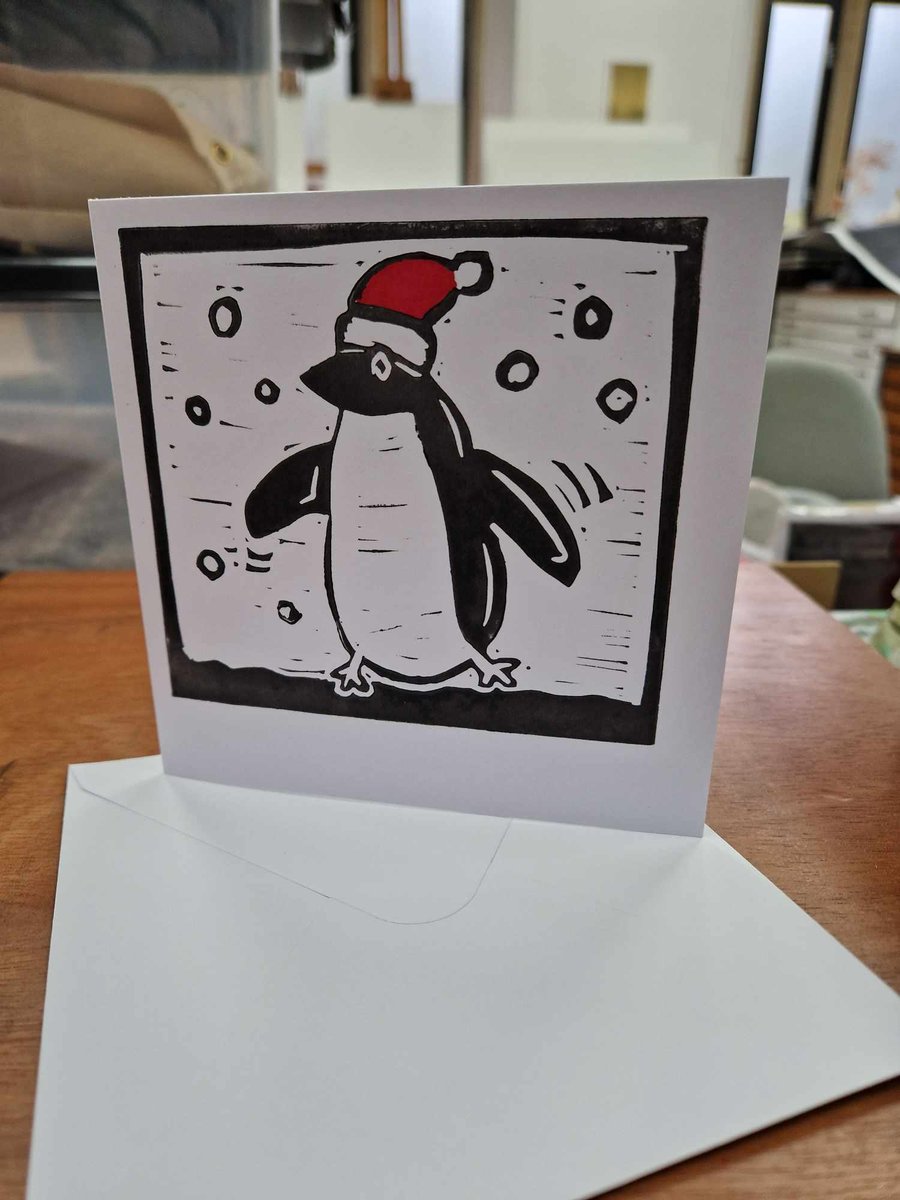 Wiggly Christmas Penguin lino printed card.