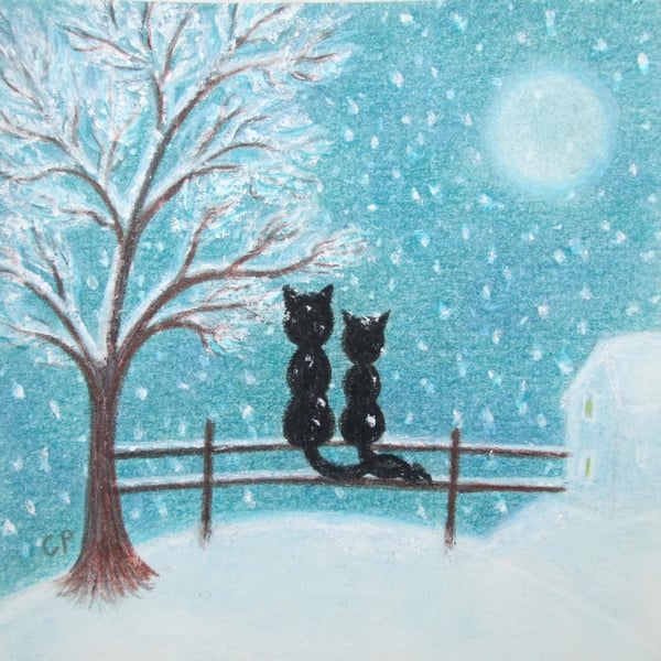 Cat Christmas Card, Snow Moon Tree Card, Son Xmas Card, Mum, Dad, Daughter Card