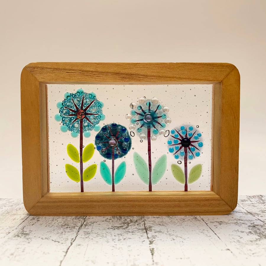 Fused Glass Mixed Alliums Picture - Freestanding Framed Fused Glass Picture