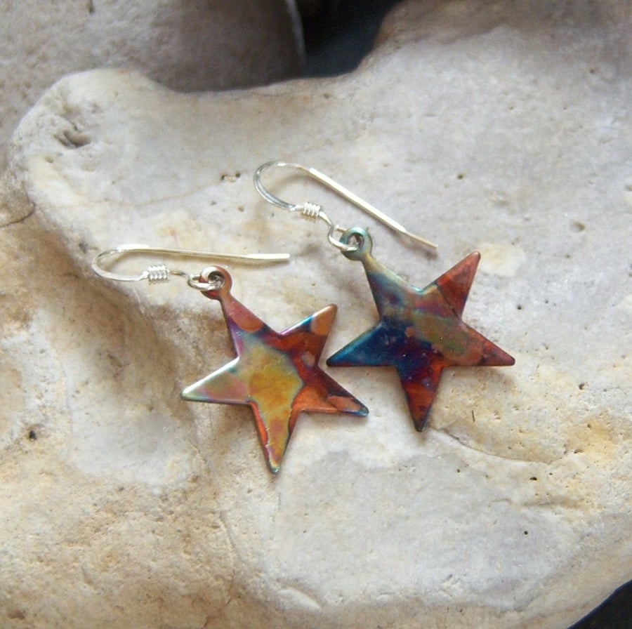 Flame Painted Copper Star Earrings
