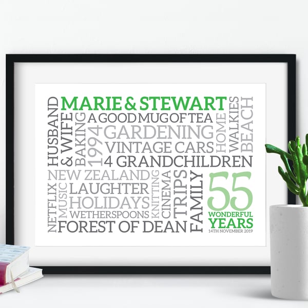 Personalised 55th Anniversary Word Art - Emerald - AN553