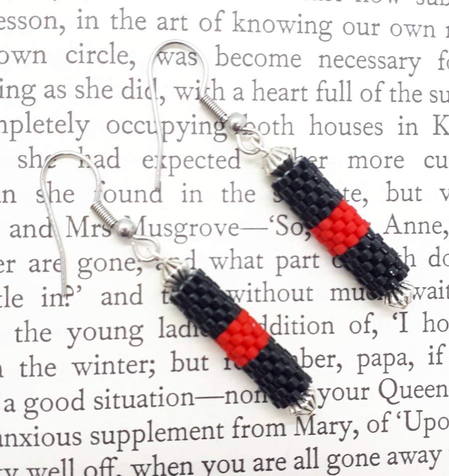 Peyote Striped Beadwork Dangly Tube Earrings, Surgical Steel Earwires