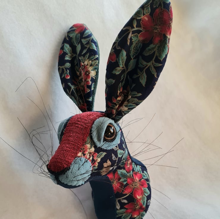Faux hare head wall mount in foral fabric - Folksy