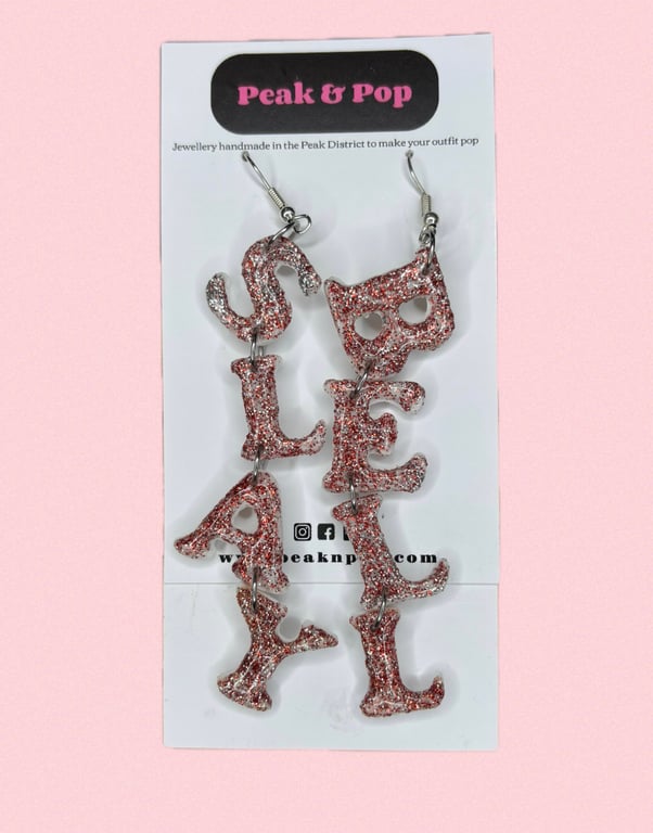 Slay Bell Glitter Letter Christmas Earrings Festive Statement Jewellery