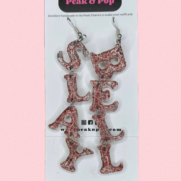 Slay Bell Glitter Letter Christmas Earrings Festive Statement Jewellery