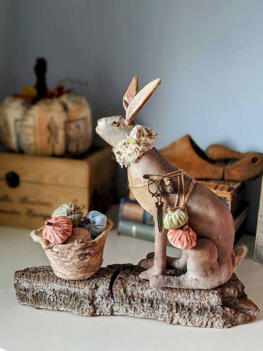 handmade pumpkin picker hare soft sculpture 