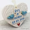 Personalised Ceramic Wedding hearts with lovebirds made to order pottery bird
