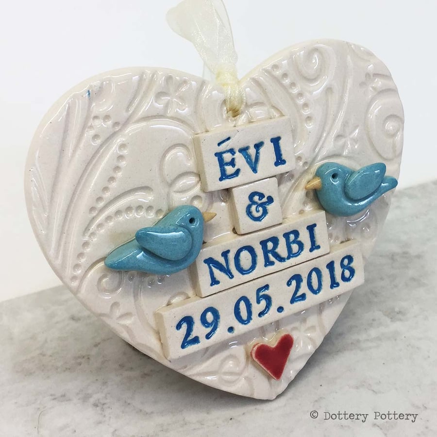 Personalised Ceramic Wedding hearts with lovebirds made to order pottery bird