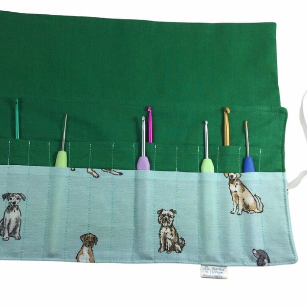 Crochet hook case with dogs, Ergonomic hook organiser, roll up case, dog lover g