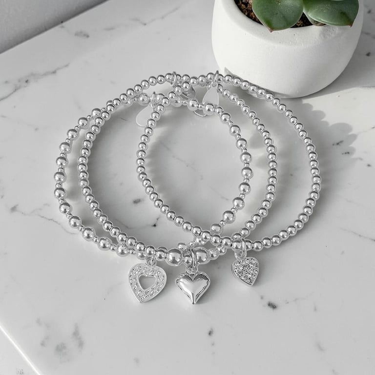 Sterling Silver Heart Charm Stretch Bracelet Set 925