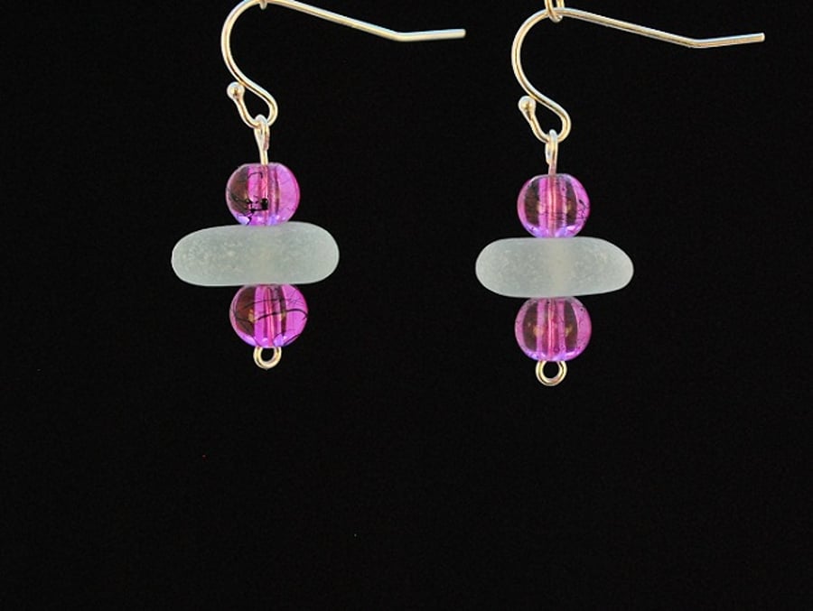 Sea glass earrings with pink beads