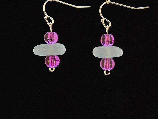Sea glass earrings with pink beads