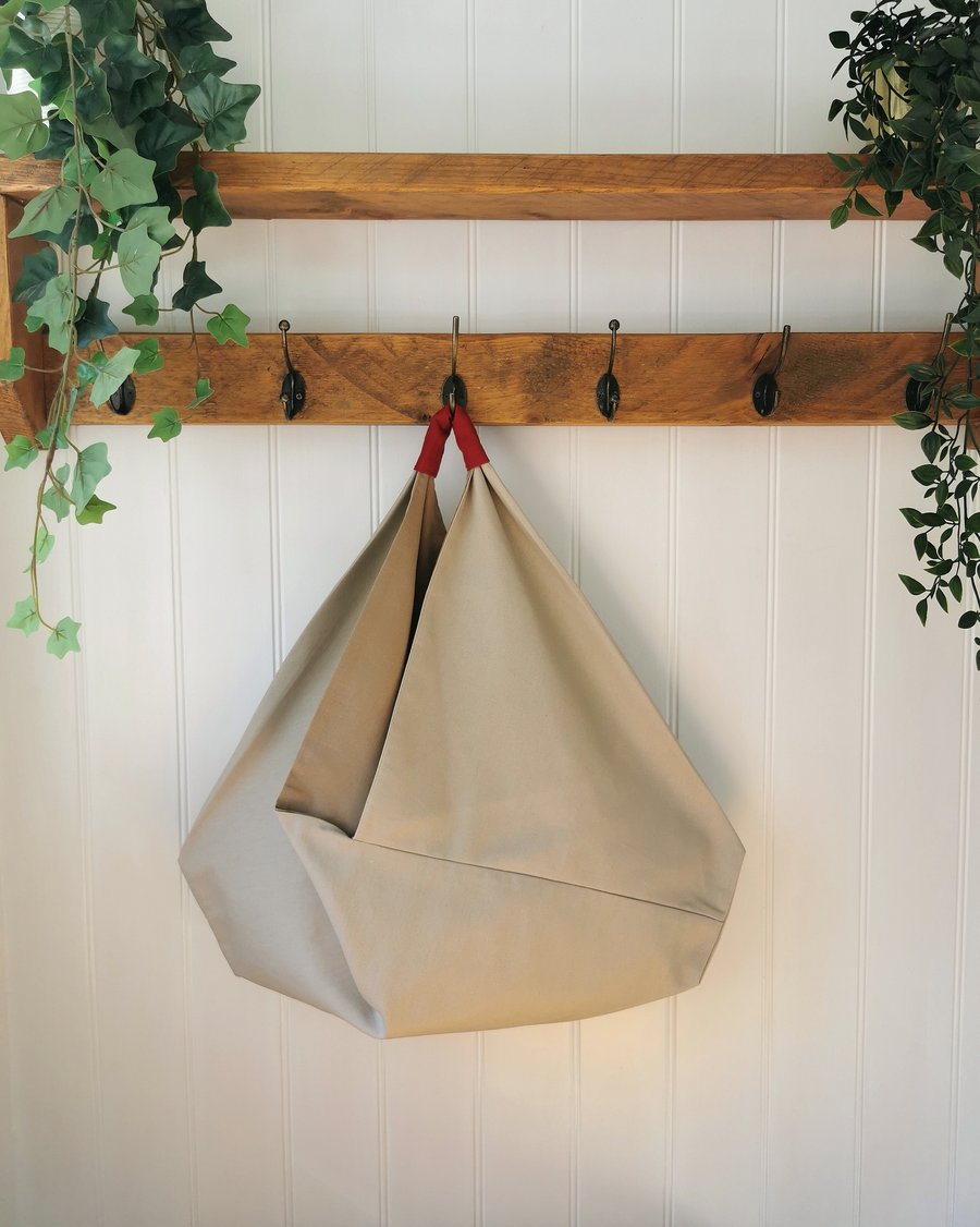 Natural Canvas Slouchy Origami Bag with Raspberry Red Linen Handle