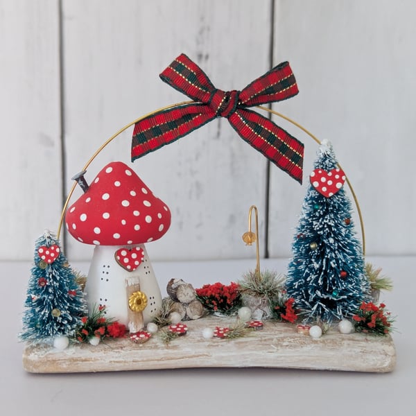 Toadstool Christmas Cottage - Handmade Wooden Christmas Decoration 