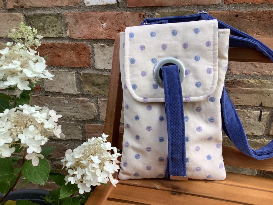 Stylish blue and white shoulder handbag. Unique and a great gift.