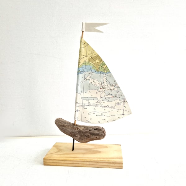 Port of Barry, Wales, driftwood sailboat ornament, authentic nautical map sail
