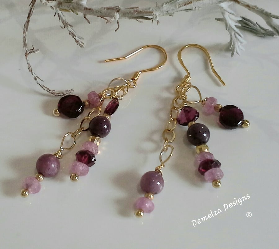  Ruby, Pink Sapphires & Rhodolite Garnet Cluster Drop Gold Vermeil Earrings