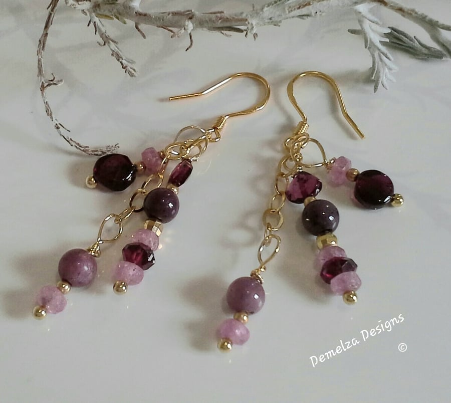 Designer Ruby, Pink Sapphires & Rhodolite Garnet Drop Gold Vermeil Earrings