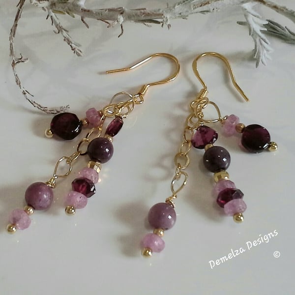  Ruby, Pink Sapphires & Rhodolite Garnet Cluster Drop Gold Vermeil Earrings