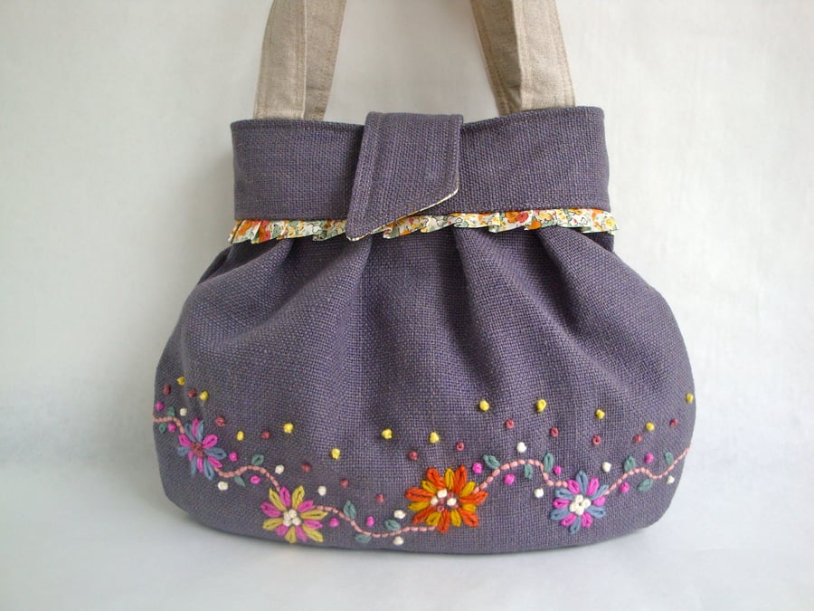 SALE Hand Embroidered  grey  Linen  mini Handbag 