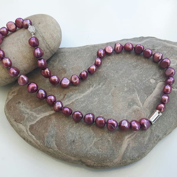 Freshwater Pearl Necklace, Fuchsia, with Sterling Silver