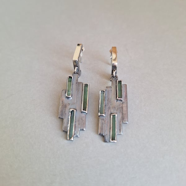 Silver earrings with natural freeform green tourmaline