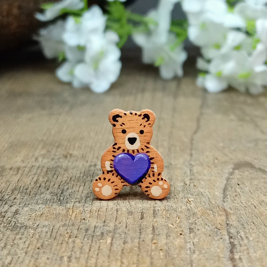 Tiny Purple Heart Bear Pin, Handmade Purple Gift, I Love You Love Heart Gift