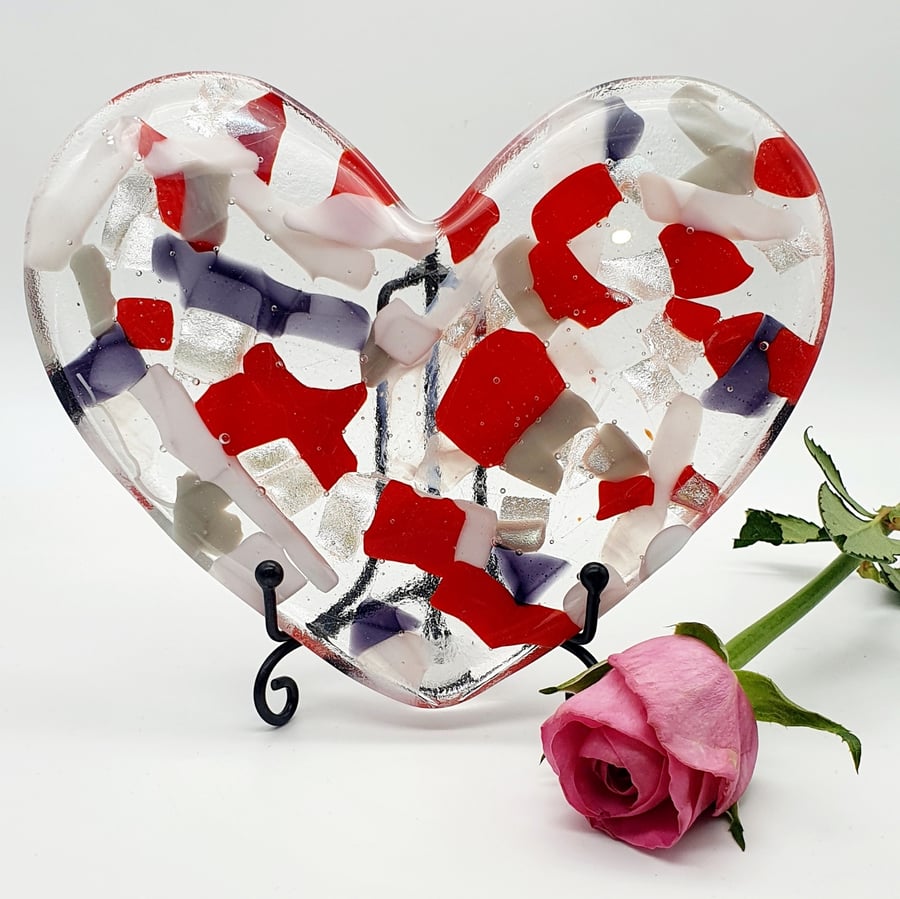 Fused Glass Large Heart on Black Stand