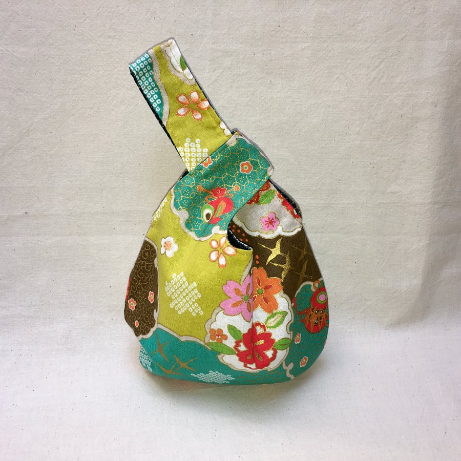 Reversible Japanese Fabric Knot Bag Green and Teal with Bright Flowers