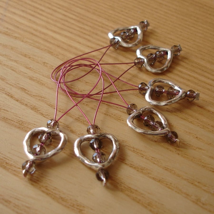 Large Pink and Grey Crystal Heart Bead Knitting Stitch Markers pack of 6