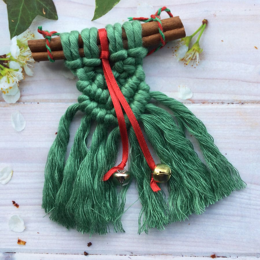 Macrame Christmas Tree Decoration in Green Bamboo String on a Cinnamon Stick