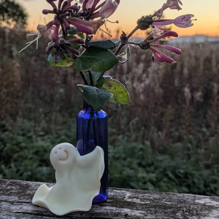 Maxwell- vintage glass bud vase held by glow in the dark ghost