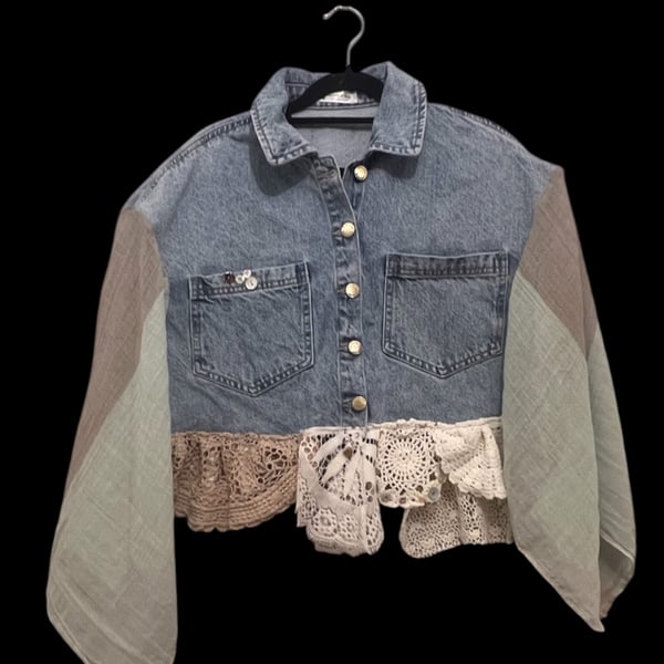 Upcycled Denim Lace Boho Festival Capelet Cottagecore Fairy Cape