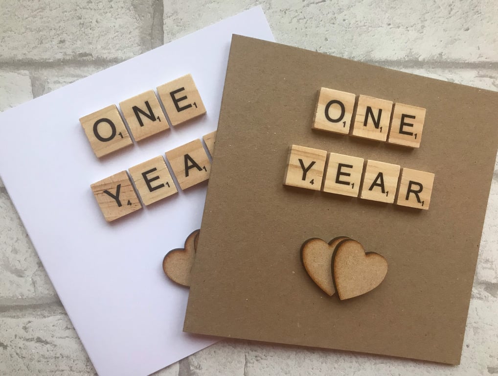 Handmade 1st Anniversary Card, Scrabble Tile & Wooden Hearts