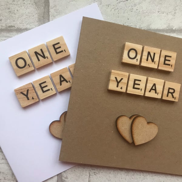 Handmade 1st Anniversary Card, Scrabble Tile & Wooden Hearts