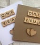 Handmade 1st Anniversary Card, Scrabble Tile & Wooden Hearts - Image 1