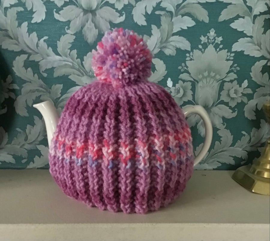 Aran Tea Cosy, pink stripes with pompom